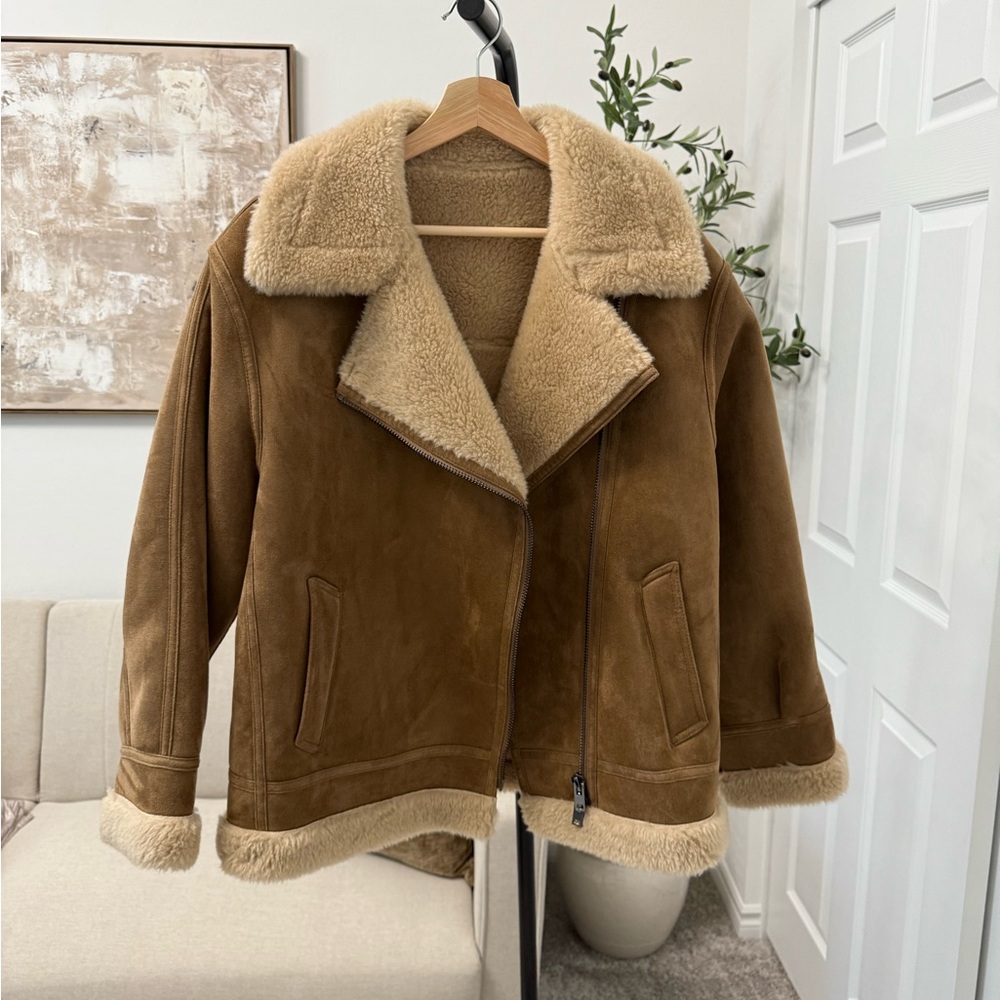 Shearling Lined Faux Suede Brown Jacket